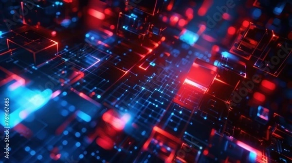 Obraz Abstract digital fractal texture pink and blue square on dark background. AI generated image