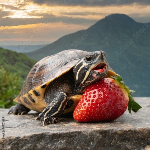 Fototapeta Turtle eating a strawberry