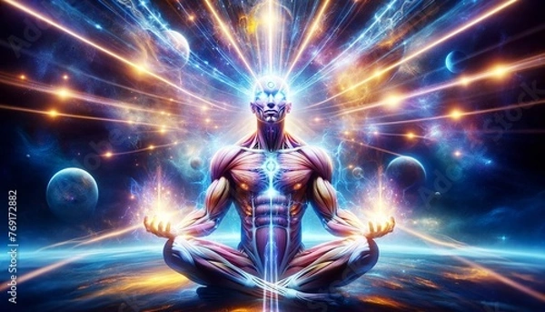 Fototapeta Enhance the vibrant human form in a meditative state by adding powerful beams of light emanating from the eyes, symbolizing enlightenment and inner vibration