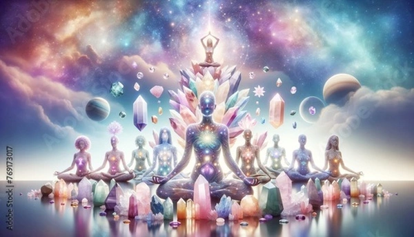 Fototapeta A group of people are sitting in a circle, meditating and surrounded by crystals. The scene is peaceful and serene, with the crystal formations adding a sense of calm and tranquility to the atmosphere