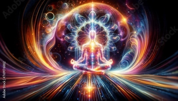Fototapeta dynamic spiritual awakening scene, adding the concept of a spiritual light body surrounding the meditating