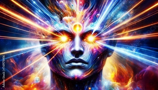 Fototapeta Spiritual awakening concept : A colorful face with glowing eyes and a glowing aura. The face is surrounded by a bright, colorful background