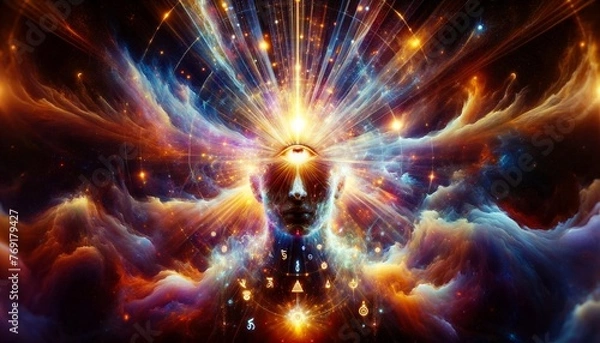 Fototapeta Spiritual awakening concept : an enhanced variation with a dramatic increase in glowing light, symbolizing an immense surge of power and spiritual energy