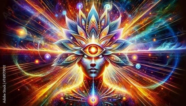 Fototapeta Spiritual awakening concept : powerful 'Empower Eye,' significantly enhancing the figure's mystical third eye to symbolize ultimate Empowerment