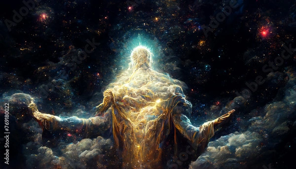 Fototapeta A Celestial god is depicted in a painting of a starry sky. The man is reaching out towards the sky, as if he is trying to touch it. The painting has a dreamy, ethereal quality to it, with the stars
