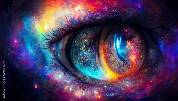 Fototapeta A colorful eye with a galaxy in the background. The eye is surrounded by a colorful galaxy, and the colors are vibrant and bright. The eye is the main focus of the image