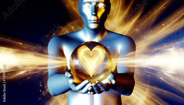 Fototapeta A man holding a heart-shaped crystal ball. The crystal ball is surrounded by a bright, glowing aura. The man's face is illuminated by the light