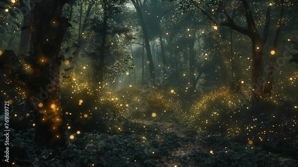 Fototapeta Darkened forest with fireflies their ethereal glow.