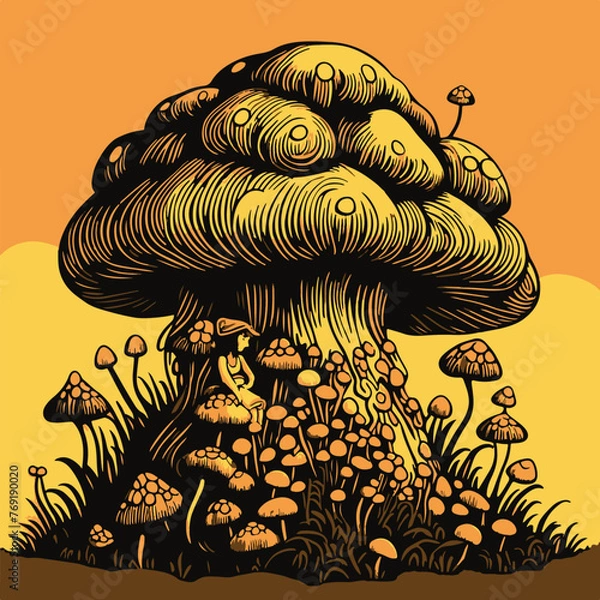 Obraz Vector art. Isolated art. Mushroom tree and girl sitting under. Wonderland