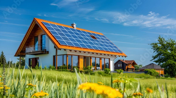 Obraz The sky is blue, a family of four, a large house with solar panels on it, with a realistic composition style, youthful energy, a serene and peaceful atmosphere, vibrant energy,  smiles