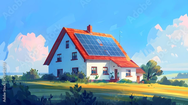 Obraz The sky is blue, a family of four, a large house with solar panels on it, with a realistic composition style, youthful energy, a serene and peaceful atmosphere, vibrant energy,  smiles