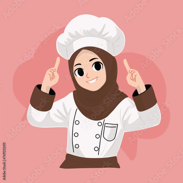 Obraz Young Hijab Chef Pointing Upwards