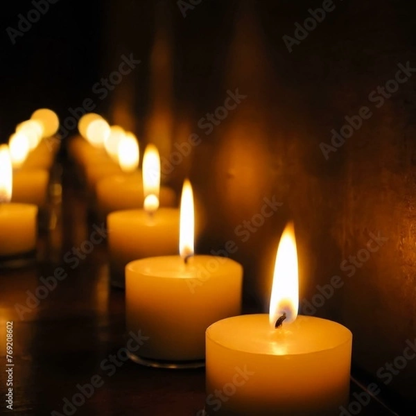 Obraz Burning candles on a dark background. Many candle lights glow on a dark background. Generative AI