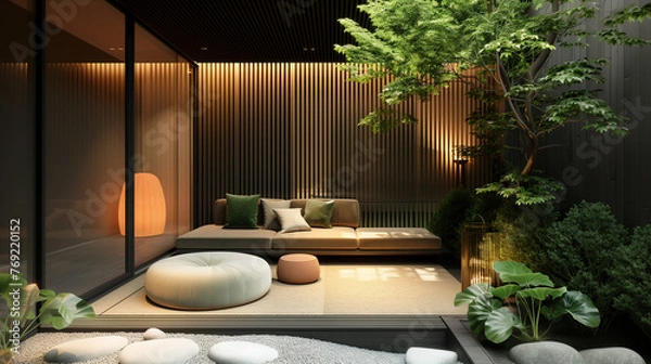 Fototapeta Modern Japanese Style Interior Design of Outdoor Courtyard, Lounge with Sofa, Cushion, Ottoman. Wood Siding with Built-In Lighting on Back Wall. Zen Garden. Natural Trees, Plants, Stones. 