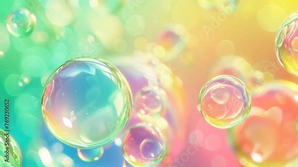 Fototapeta Colorful background with floating iridescent soap bubbles on a gradient of pastel hues.