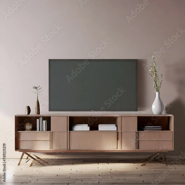 Fototapeta Simple minimal cabinet for tv interior wall mockup,3d rendering. Generative AI.