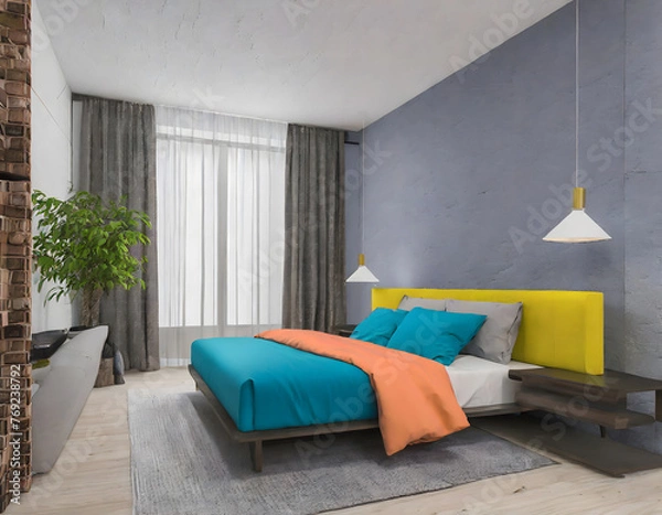 Obraz interior modern bedroom, Minimalism. 3d render. Generative AI.