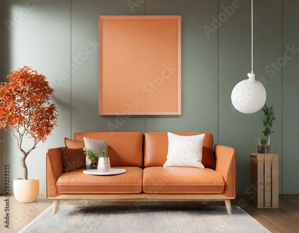 Fototapeta Living room have orange leather sofa and decoration minimal on two tone wall.3d rendering. Generative AI.
