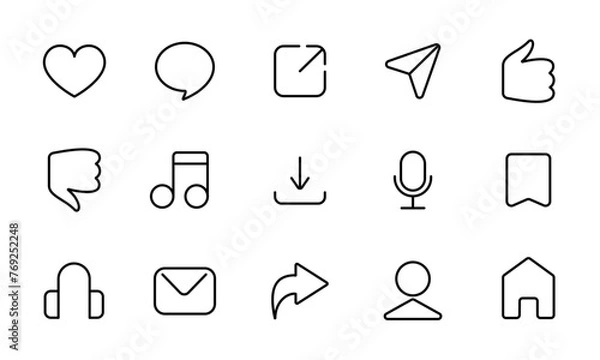Obraz ソーシャルメディアのアイコンセット/メッセージ/コメント/共有/メール/サムズアップ/評価/音符/マイク/ホームボタン/アカウント/グッドボタン/イラスト/ベクター