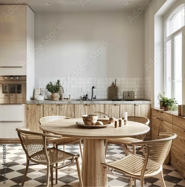 Fototapeta Blank Wall Mockup Enhancing Contemporary Farmhouse Kitchen Interior. Presented in 3D Render. Made with Generative AI Technology