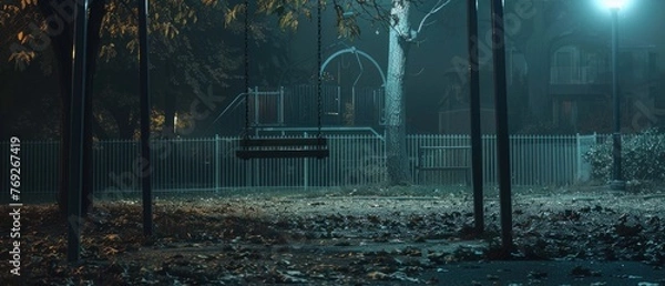 Fototapeta A chilling scene of an abandoned playground at night with a solitary swing moving by itself