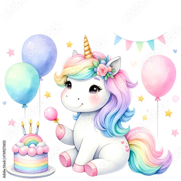 Fototapeta A colorful collection of illustrated rainbow unicorns in various poses with party accessories, perfect for birthday themes and children's decor.
, Whimsical Rainbow Unicorn Clipart Collection
