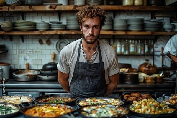 Fototapeta A male chef with a serious expression stands behind various cooked dishes in a professional kitchen