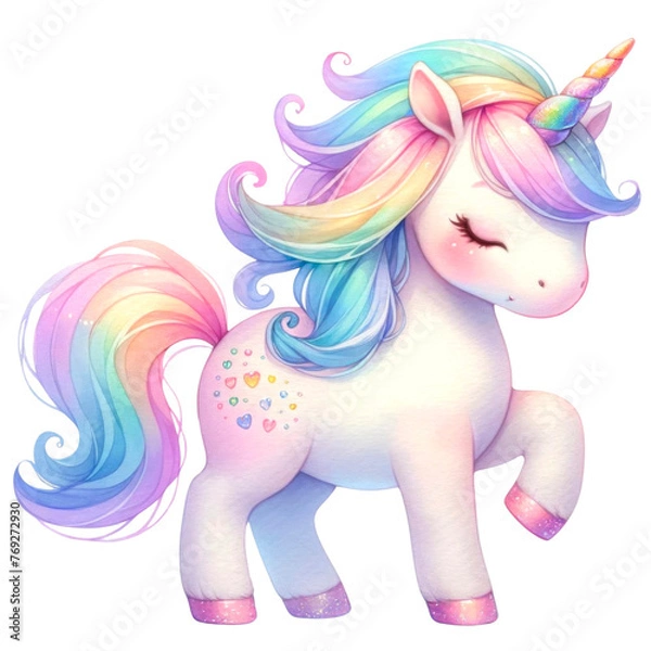 Fototapeta Whimsical Rainbow Unicorn Clipart Collection, A colorful collection of illustrated rainbow unicorns in various poses with party accessories, perfect for birthday themes and children's decor, 
