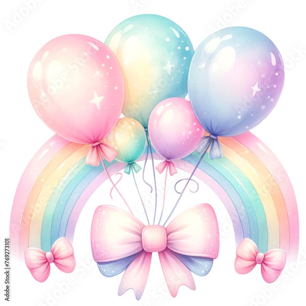 Fototapeta Whimsical Rainbow Unicorn Clipart Collection, A colorful collection of illustrated rainbow unicorns in various poses with party accessories, perfect for birthday themes and children's decor, 
