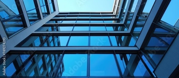 Fototapeta Spacious windows showcase the clear blue sky and its reflection.