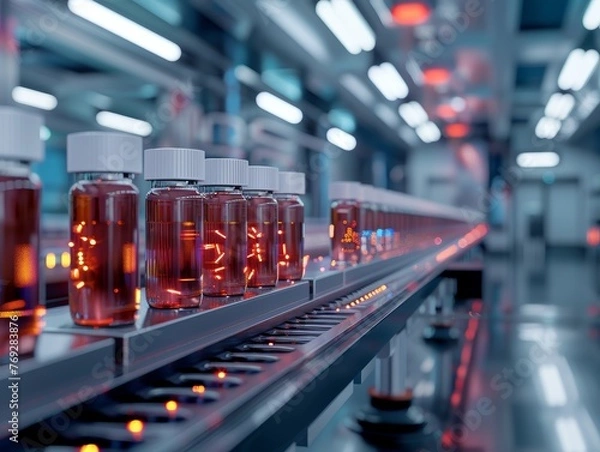Fototapeta Precision-engineered pharmaceutical vials on an automated assembly line in a state-of-the-art production facility, showcasing the industry's high-tech manufacturing process.