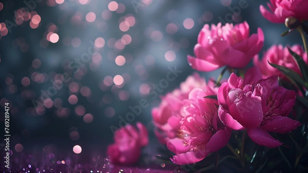 Fototapeta peonies with glitter bokeh background. Copy space.	
