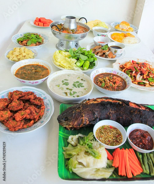 Fototapeta One of many Thai food delicious menu serve on table tradition.