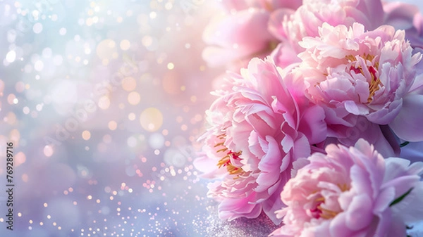 Fototapeta peonies with glitter bokeh background. Copy space.	
