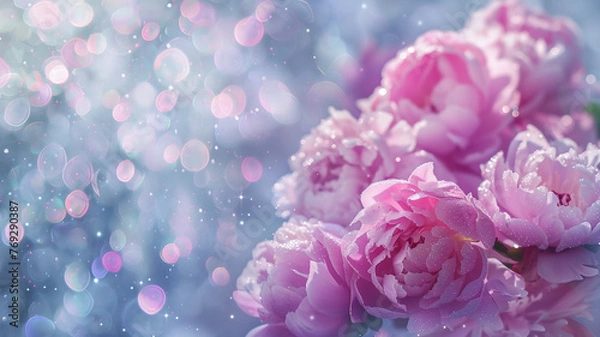 Fototapeta peonies with glitter bokeh background. Copy space.	
