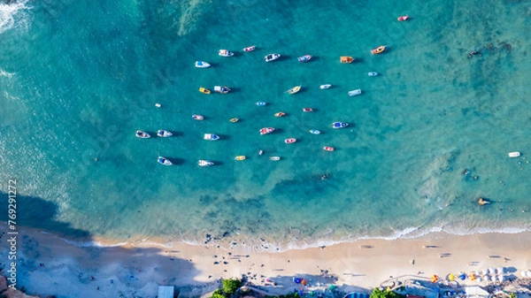 Fototapeta Aerial view of Pipa beach in Tibau do Sul, Rio Grande do Norte, Brazil. Top view fishing boats
