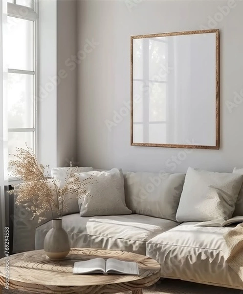 Fototapeta Frame Mockup Set in a Living Room Interior Background with Grey Sofa, Table, and Decor, Scandinavian Style. Presented in 3D Render. Made with Generative AI Technology