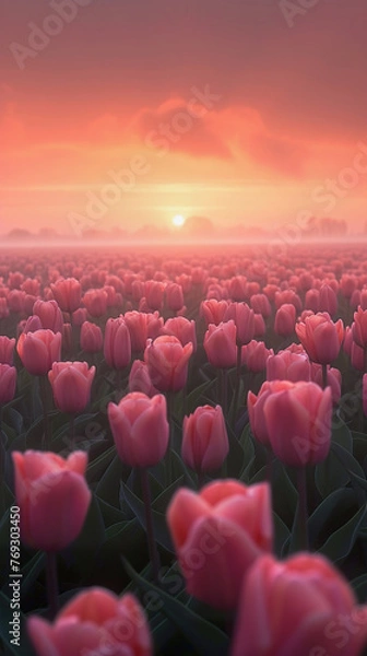 Obraz Field of tulips in bloom, sunrise, Holland landscape