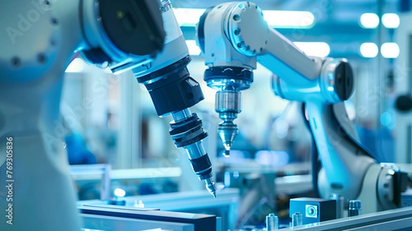 Obraz Industrial Robotic Arms Assembling Products
. Advanced robotic arms engaged in precision assembly of products on a modern, high-tech industrial manufacturing line.
