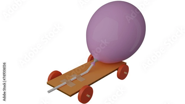 Fototapeta A 3D Illustration of balloon-powered car. There are two main forces acting on the balloon rocket car: Friction and Air resistance.