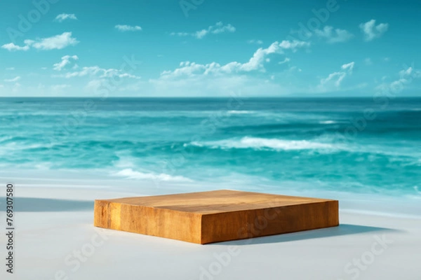 Obraz Square wooden product display on blurred beach
