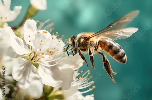 Obraz close-up shot of an ancient honey bee flying towards white flowers.