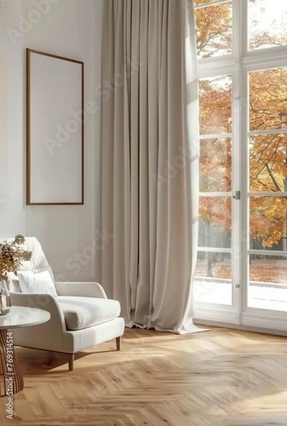 Fototapeta Home Mockup Featuring Contemporary Minimalist Living Room Interior. Presented in 3D Render. Made with Generative AI Technology