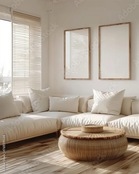 Fototapeta Mockup Frame Enhancing Coastal Interior Background in Light Pastel Tones. Presented in 3D Render. Made with Generative AI Technology