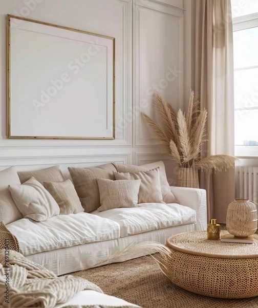 Fototapeta Mockup Frame Enhancing Coastal Interior Background in Light Pastel Tones. Presented in 3D Render. Made with Generative AI Technology