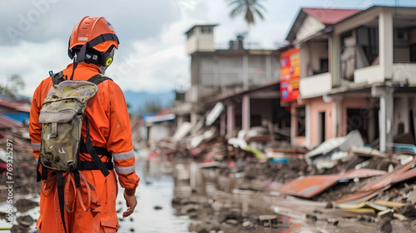 Fototapeta Disaster Response Team Member Surveying Damage
. A rescue worker in a bright orange uniform stands amid the devastation of a natural disaster, surveying the damaged area.
