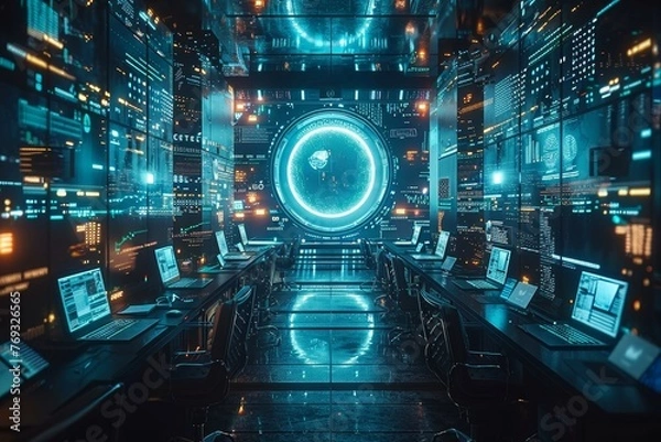 Fototapeta  An artistic visualization of students using interactive media screens in a 3D virtual classroom