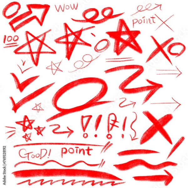 Fototapeta 빨간색 색연필 화살표 노트 필기 PPT 파워포인트 채점 별 체크 엑스 