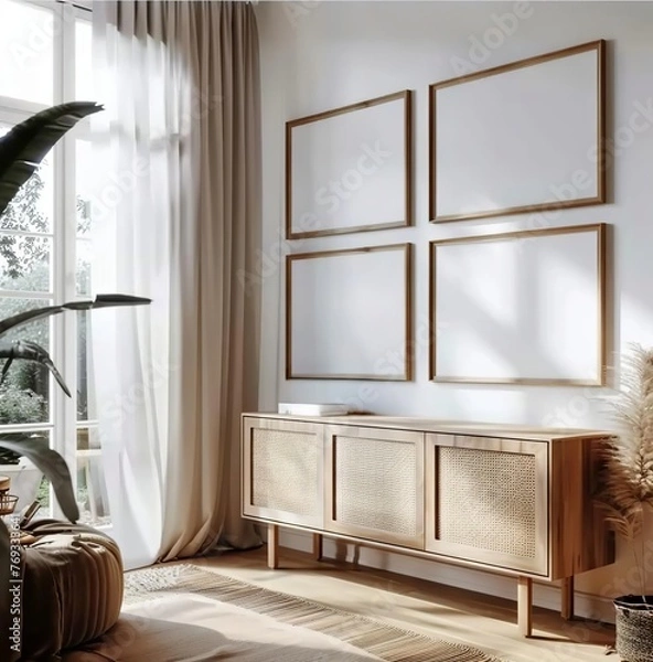 Fototapeta Mockup Frame Set in a Cozy Simple Living Room Interior Background. Presented in 3D Render. Made with Generative AI Technology