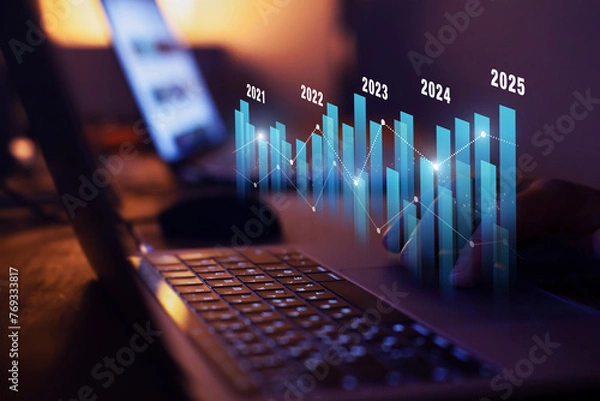 Fototapeta yearly financial report, chart with years data statistics, company progress and growth by year, 2025
